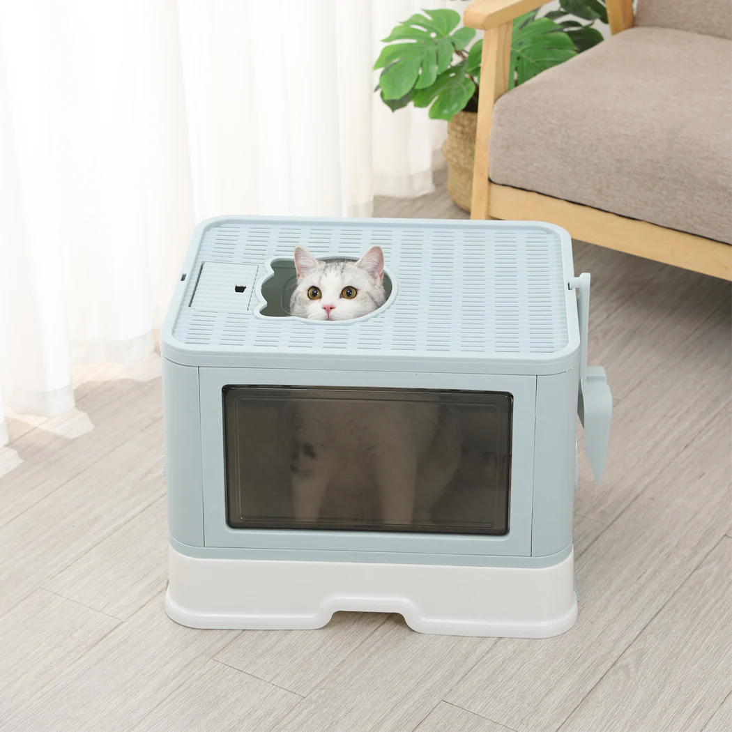 Foldable Cat Litter Box Tray Enclosed Kitty Toilet Hood Hair Grooming Blue - Green - Nurns