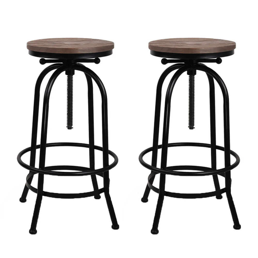 Set of 2 Lamia Bar Stool Industrial Round Seat Wood Metal - Black & Brown - Nurns