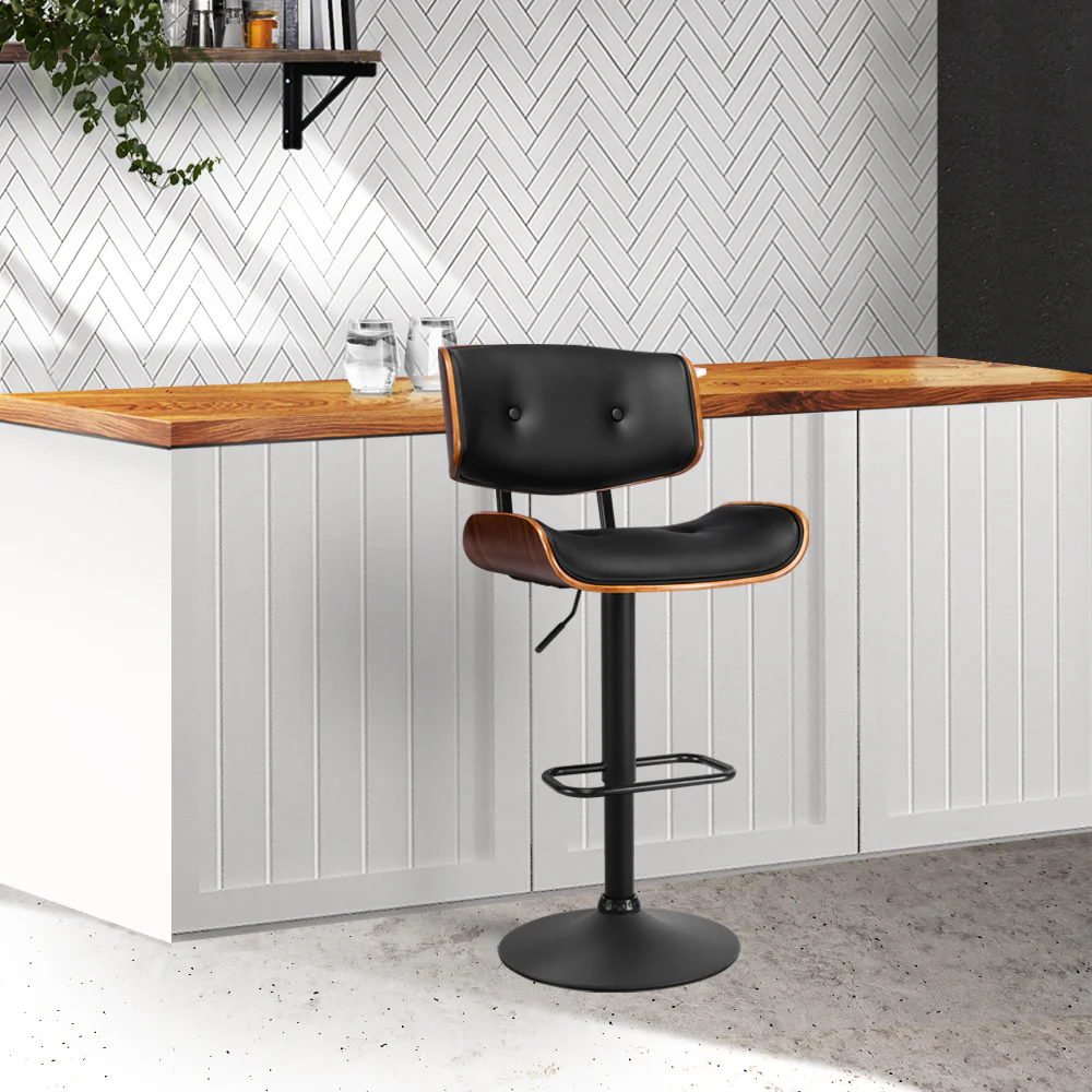 85cm Ancona Bar Stool Gas Lift Wooden PU Leather - Black - Nurns