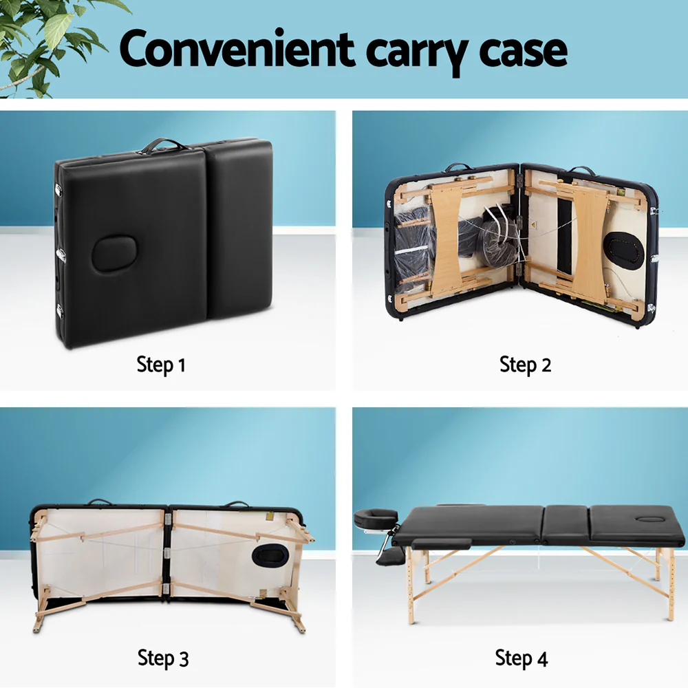 Massage Table 75cm 3 Fold Wooden Portable Beauty Therapy Bed Waxing Black - Nurns