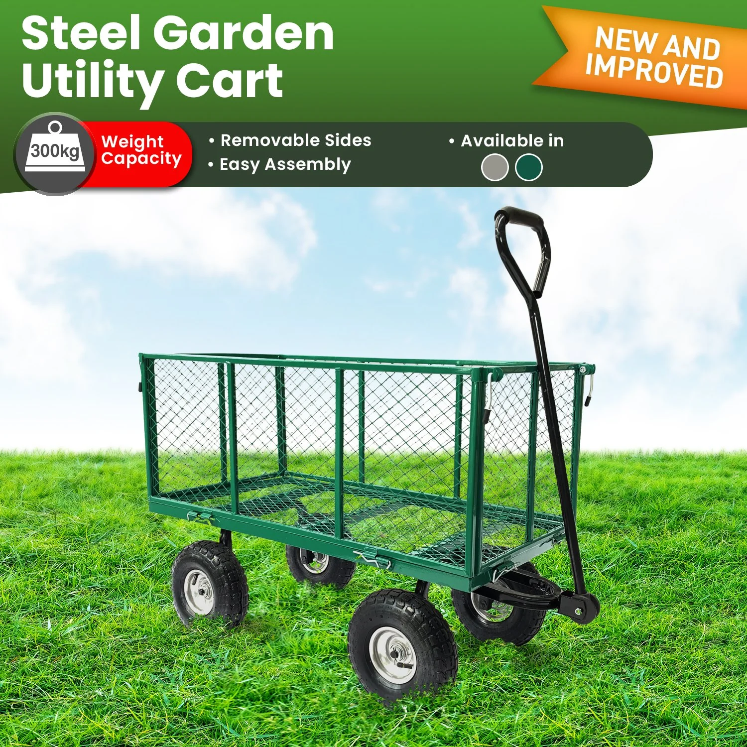 Steel Mesh Garden Trolley Cart - Green - Nurns