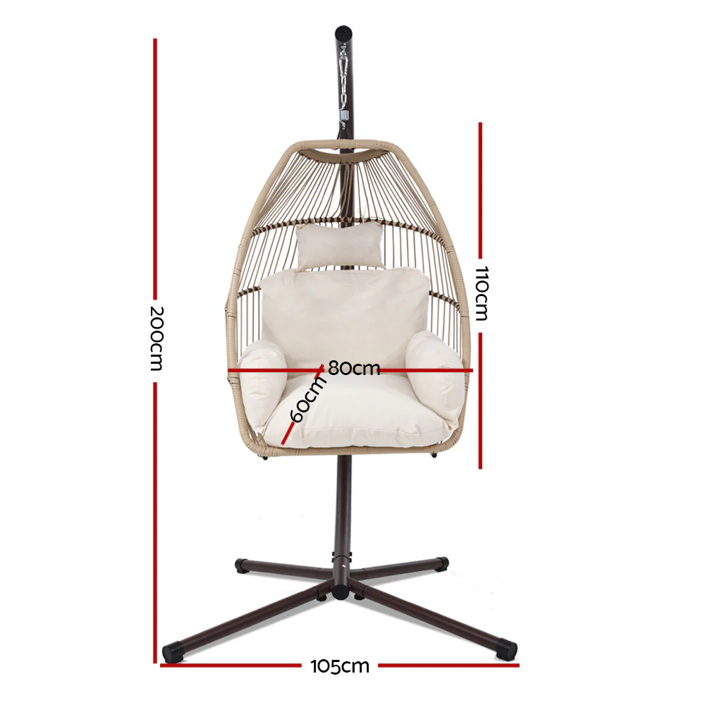 Halle Outdoor Egg Swing Chair Hanging Chair Wicker Rope Pod Stand Cushion - Latte - Nurns