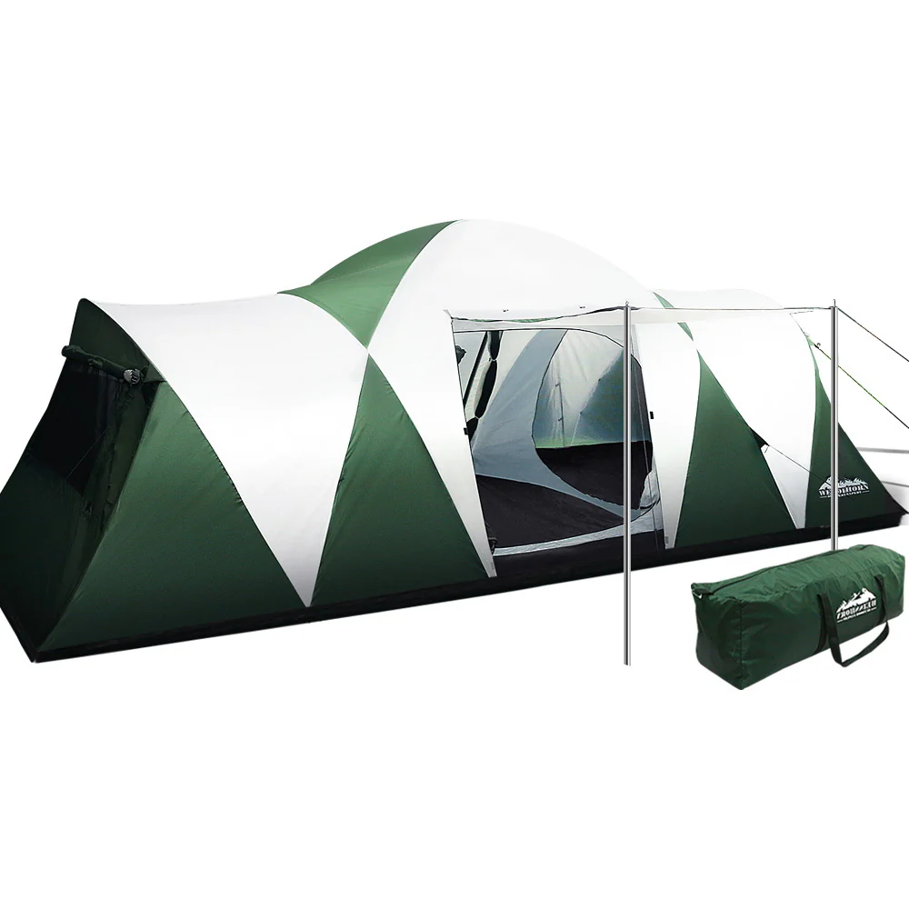 Family Camping Tent 12 Person Hiking Beach Tents (3 Rooms) Green - Nurns