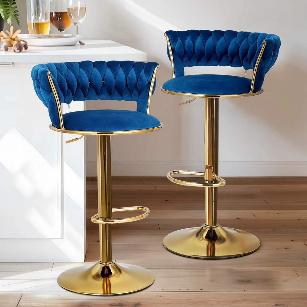 Set of 4 Saldus Bar Stools Gas Lift Velvet Woven Backrest - Navy - Nurns