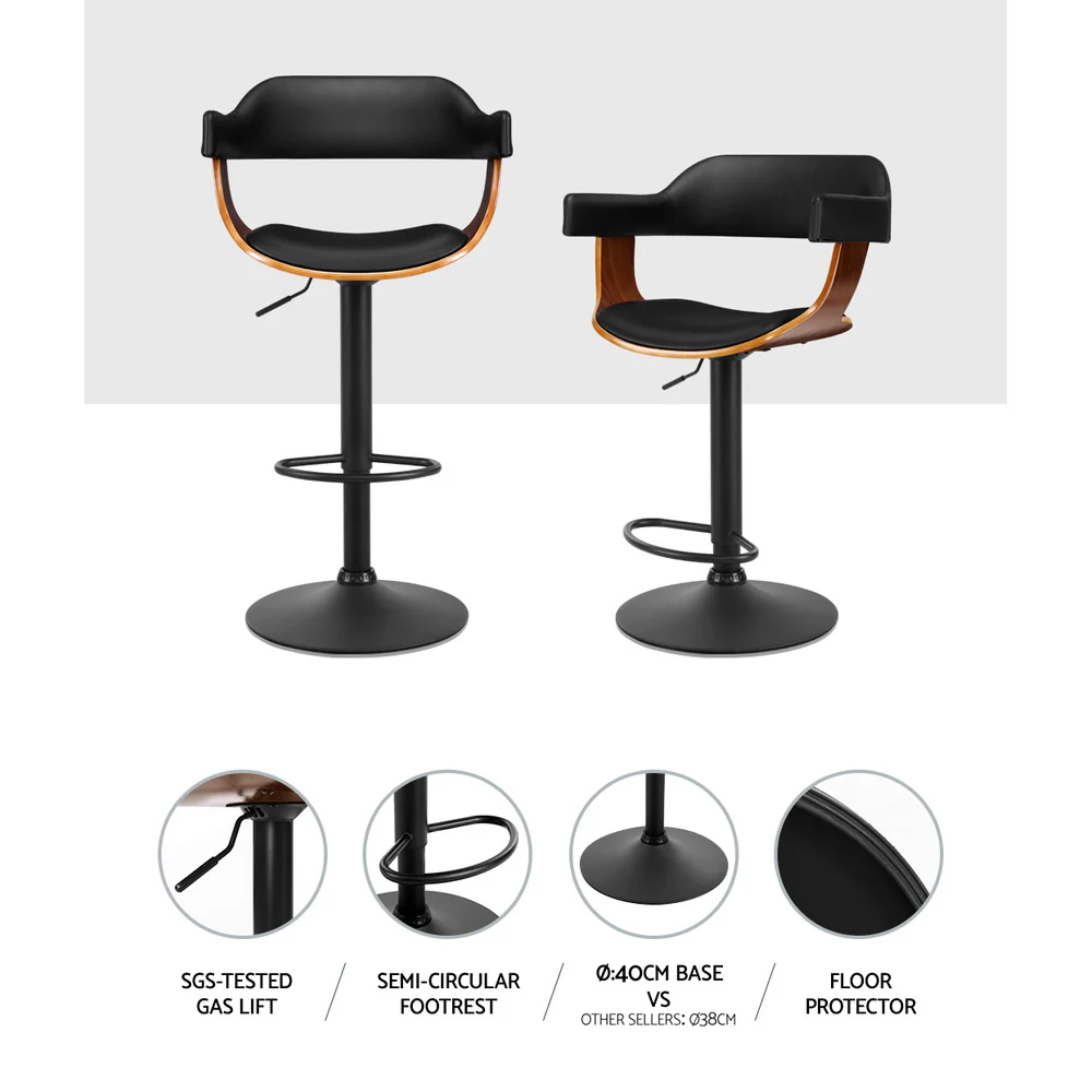 82cm Eindhoven Bar Stool Curved Gas Lift PU Leather - Black & Wood - Nurns