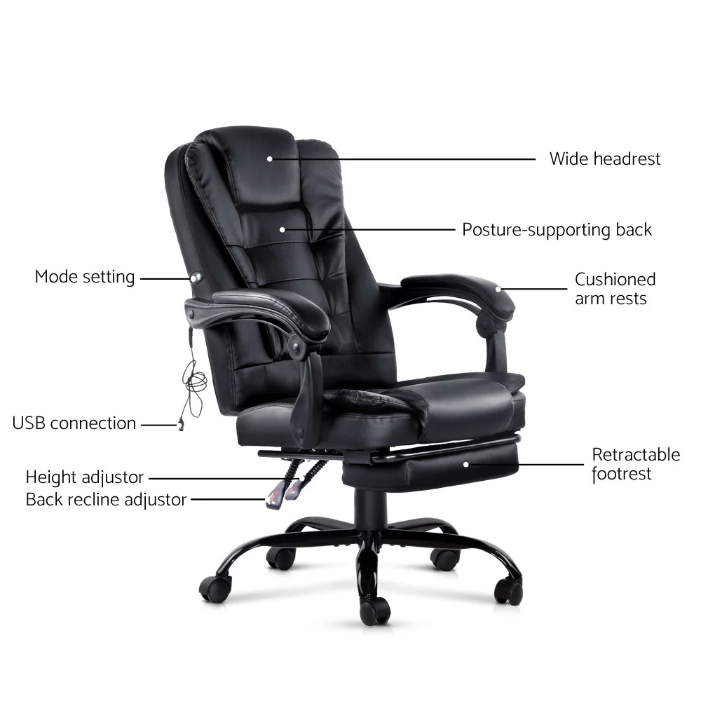 Artiss 2 Point Massage Office Chair Pu Leather Footrest Black - Nurns