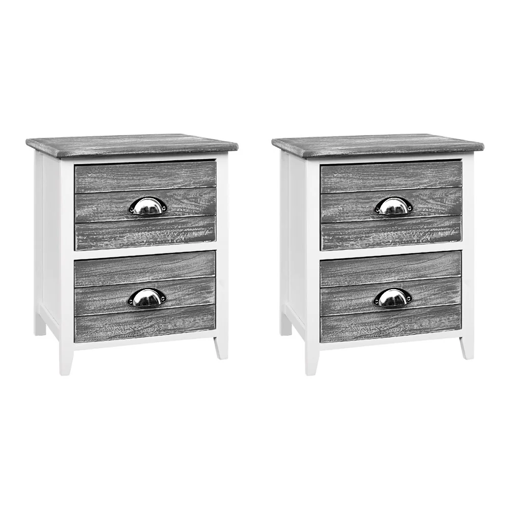 Set of 2 Basques Wooden Bedside Tables Nightstands Storage Cabinet Bedroom Side with 2 Drawers - Grey - Nurns