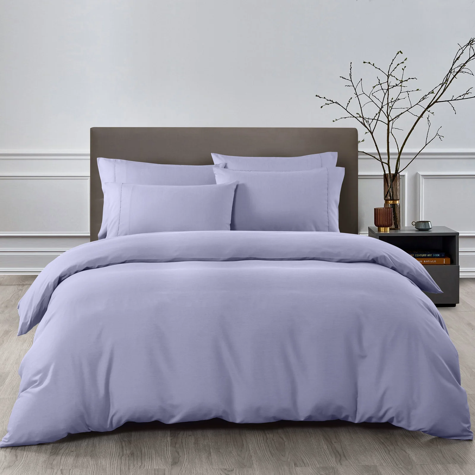 Queen 2000TC 6 Piece Bamboo Sheet & Quilt Cover Set Cooling Breathable Lilac Grey - Nurns