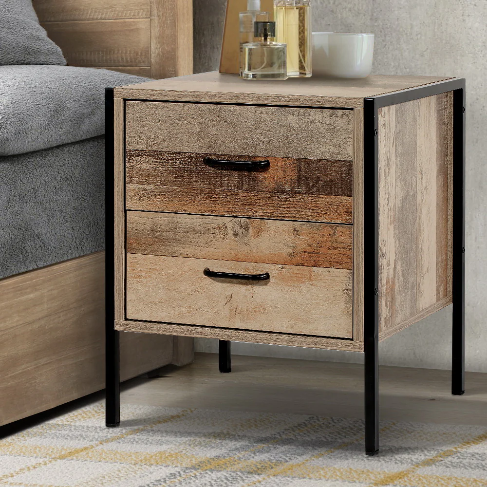 Borden Wooden Metal Legs Bedside Tables Nightstand Metal with 2 Drawers - Black & Dark Oak - Nurns