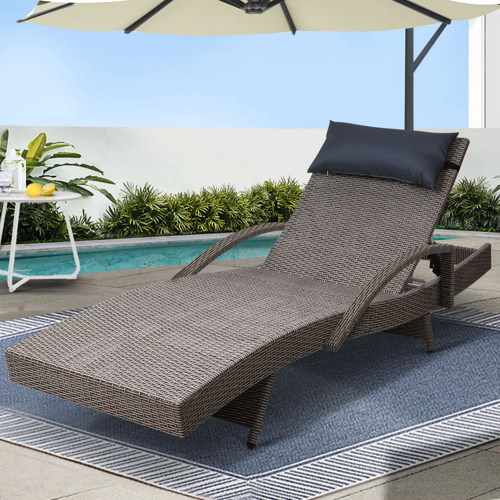 Silsden Outdoor Sun Lounge Wicker with Armrest Chair and Pillow - Grey - Nurns