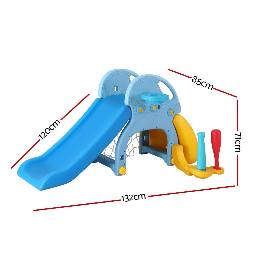 Kids Slide Set Baseball Bat Basketball Hoop Outdoor Playground 120cm - Blue - Nurns