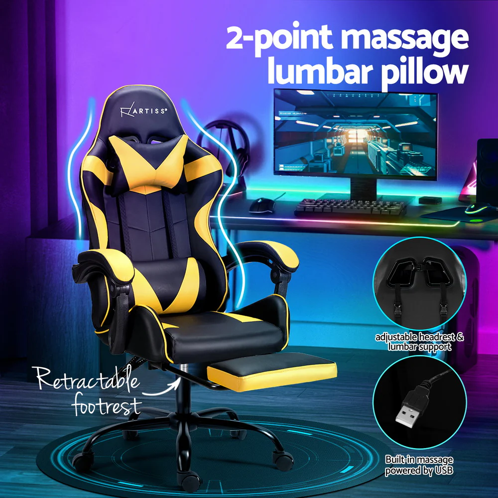 Artiss 2 Point Massage Gaming Office Chair Footrest Yellow - Nurns