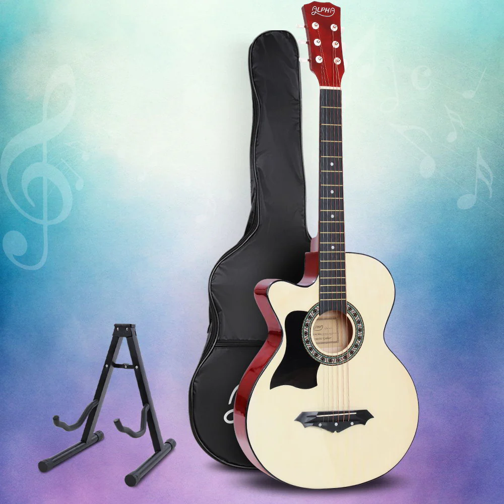 Alpha 38 Inch Acoustic Guitar Wooden Body Steel String w/ Stand Left-Handed - Nurns