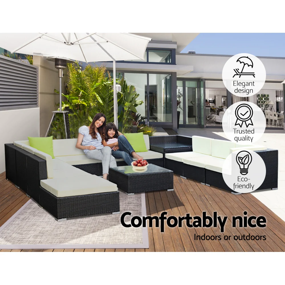 Chester 11-Seater Furniture Set Wicker Garden Patio Lounge 12-Piece Outdoor Sofa - Black - Nurns