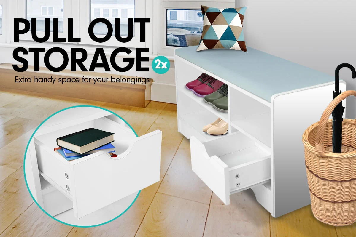 Sarantino Shoe Rack Cabinet Organiser Grey Cushion Stool Bench - 80 X 30 X 45 - White - Nurns