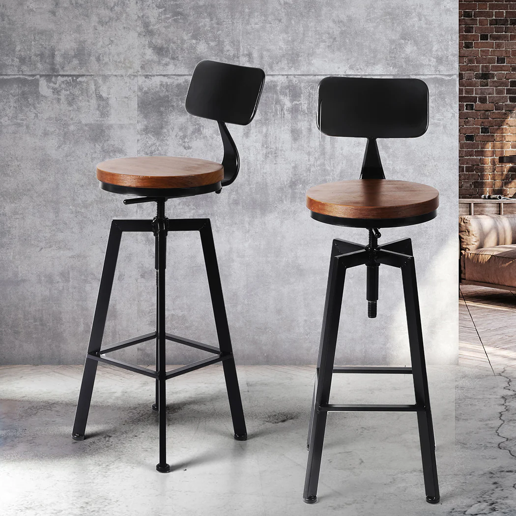 Set of 2 Marseille Industrial Bar Stools Chairs Kitchen Stool Wooden Barstools Swivel - Black & Wood - Nurns