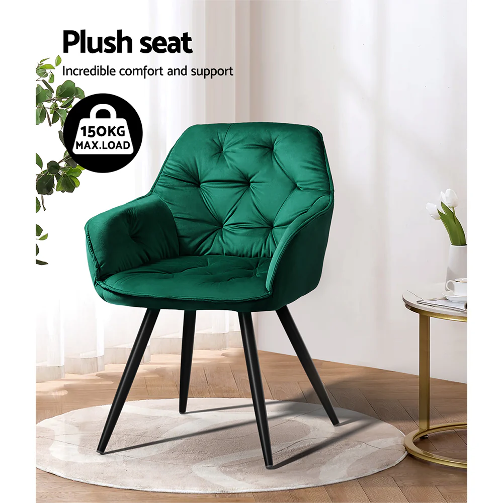 Everly Set of 2 Dining Chairs Velvet Diamond Tufted Armchair - Green - Nurns
