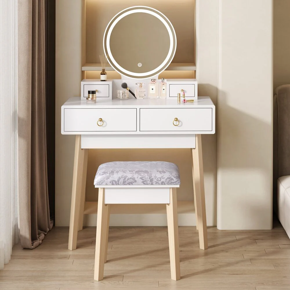 Dressing Vanity Table Stool Set with Make-up LED Lighted Mirror-White - Nurns