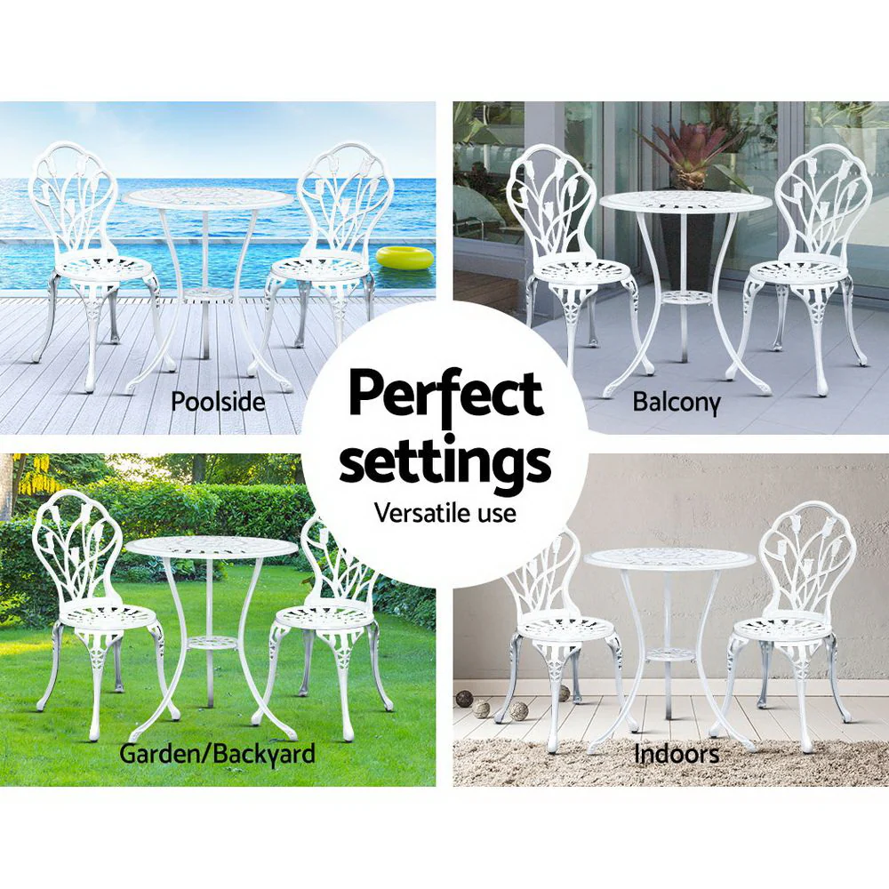 Ciaran 2-Seater Cast Aluminium Table Chair Patio 3-Piece Outdoor Setting - White - Nurns