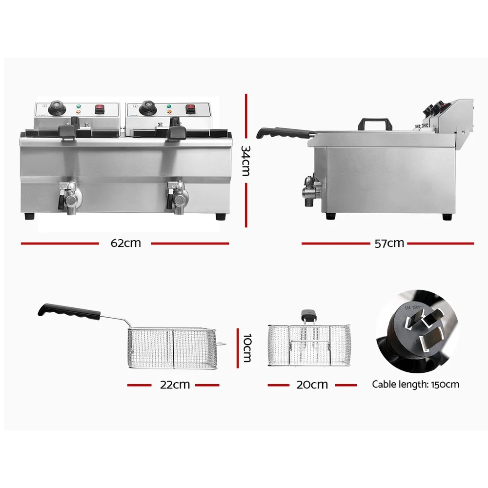 Devanti 20L Electric Commercial Deep Fryer Double Baskets Oil Taps 6000W - Nurns