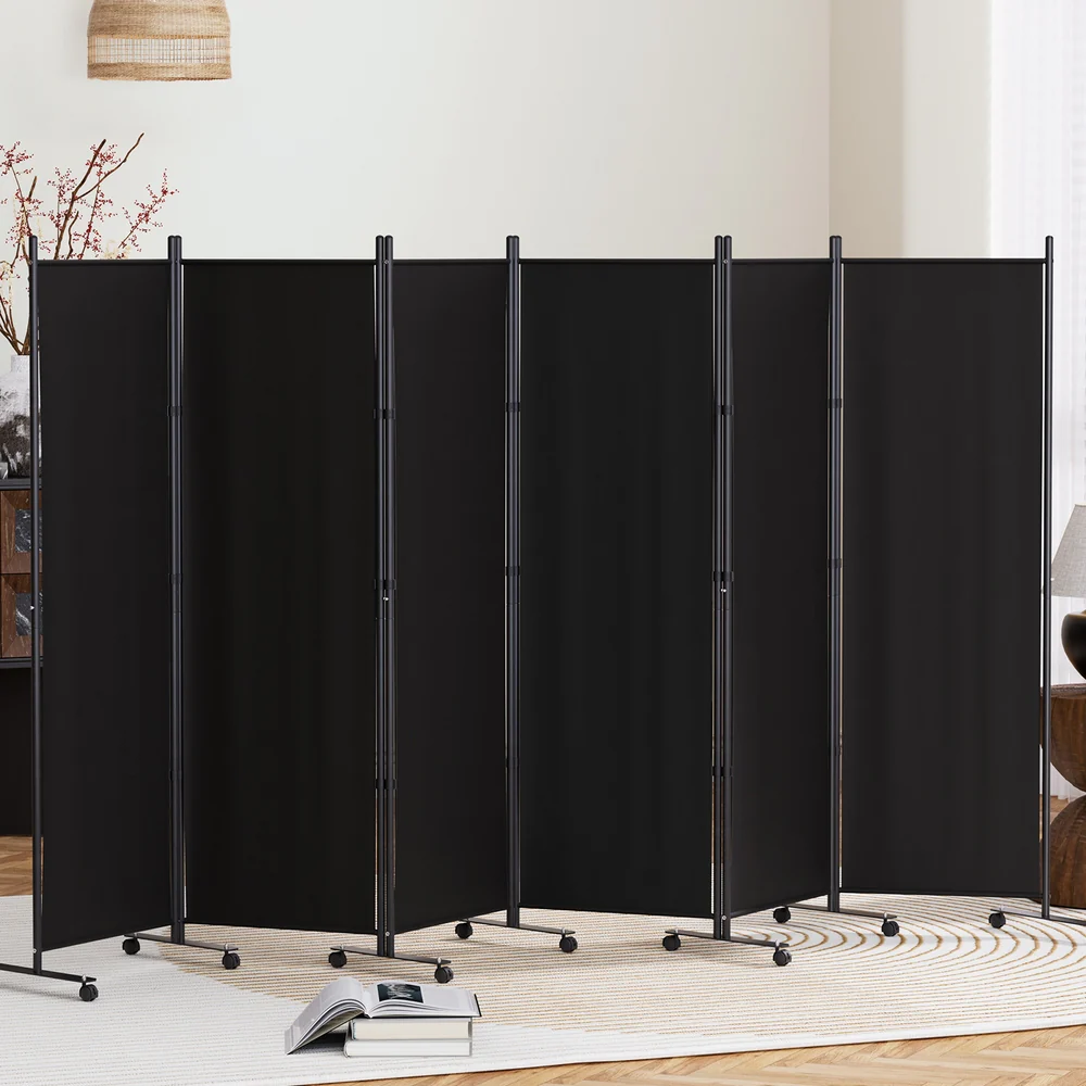 6 Panel Room Divider Screen 323cm Wheel Fabric - Black - Nurns