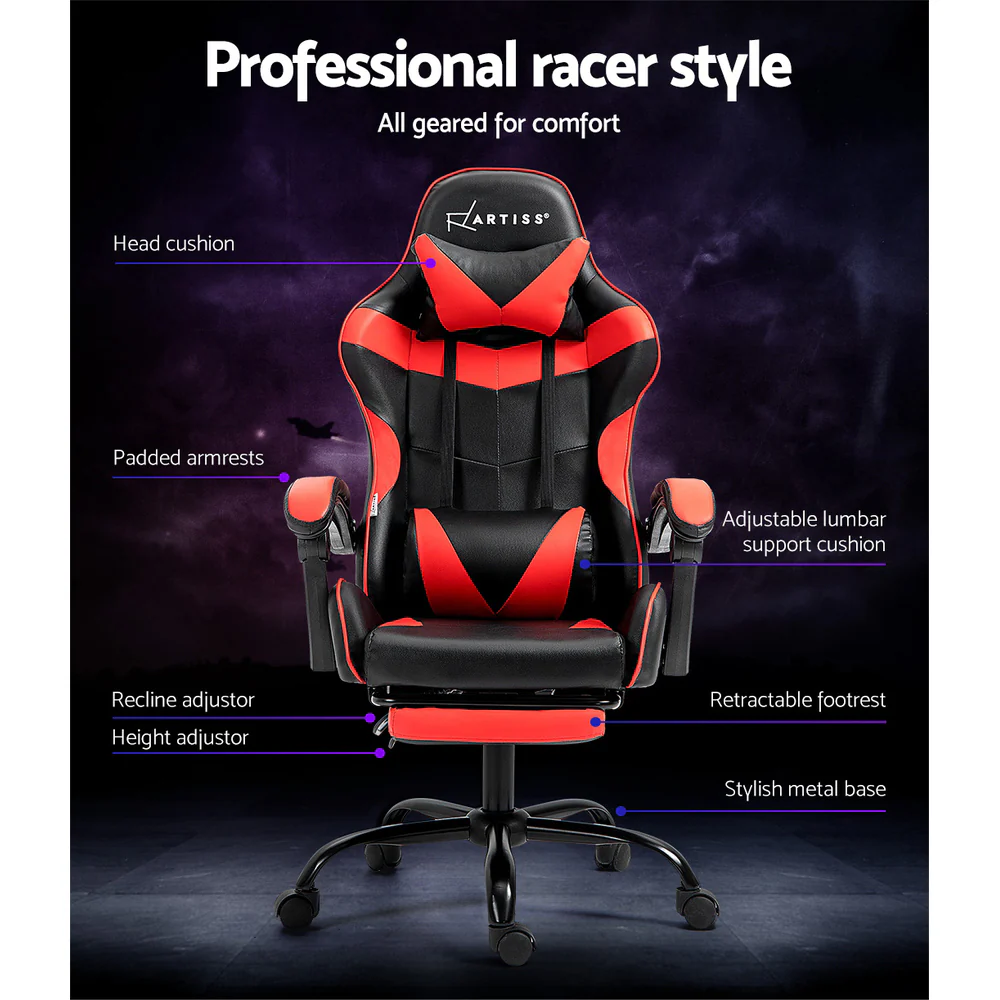 Artiss Gaming Office Chair Recliner Footrest Red - Nurns
