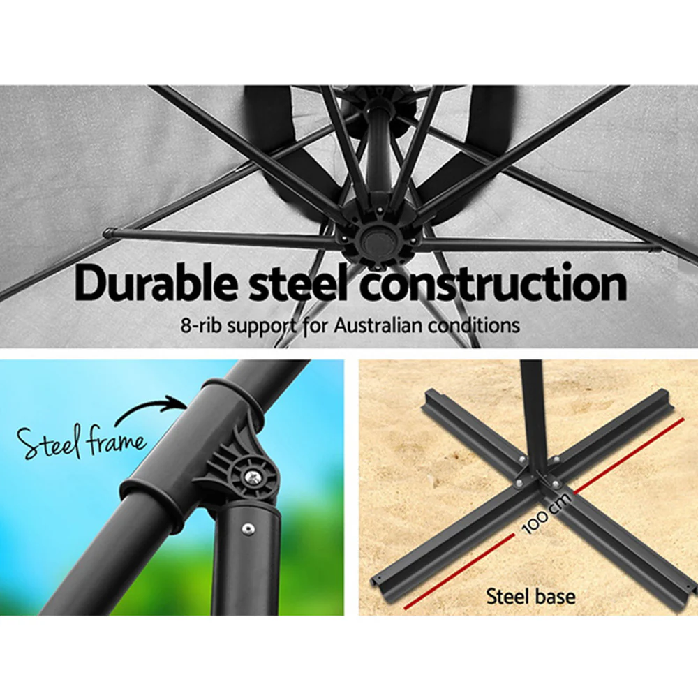 Instahut 3m Outdoor Umbrella Cantilever Beach Garden Patio Grey - Nurns