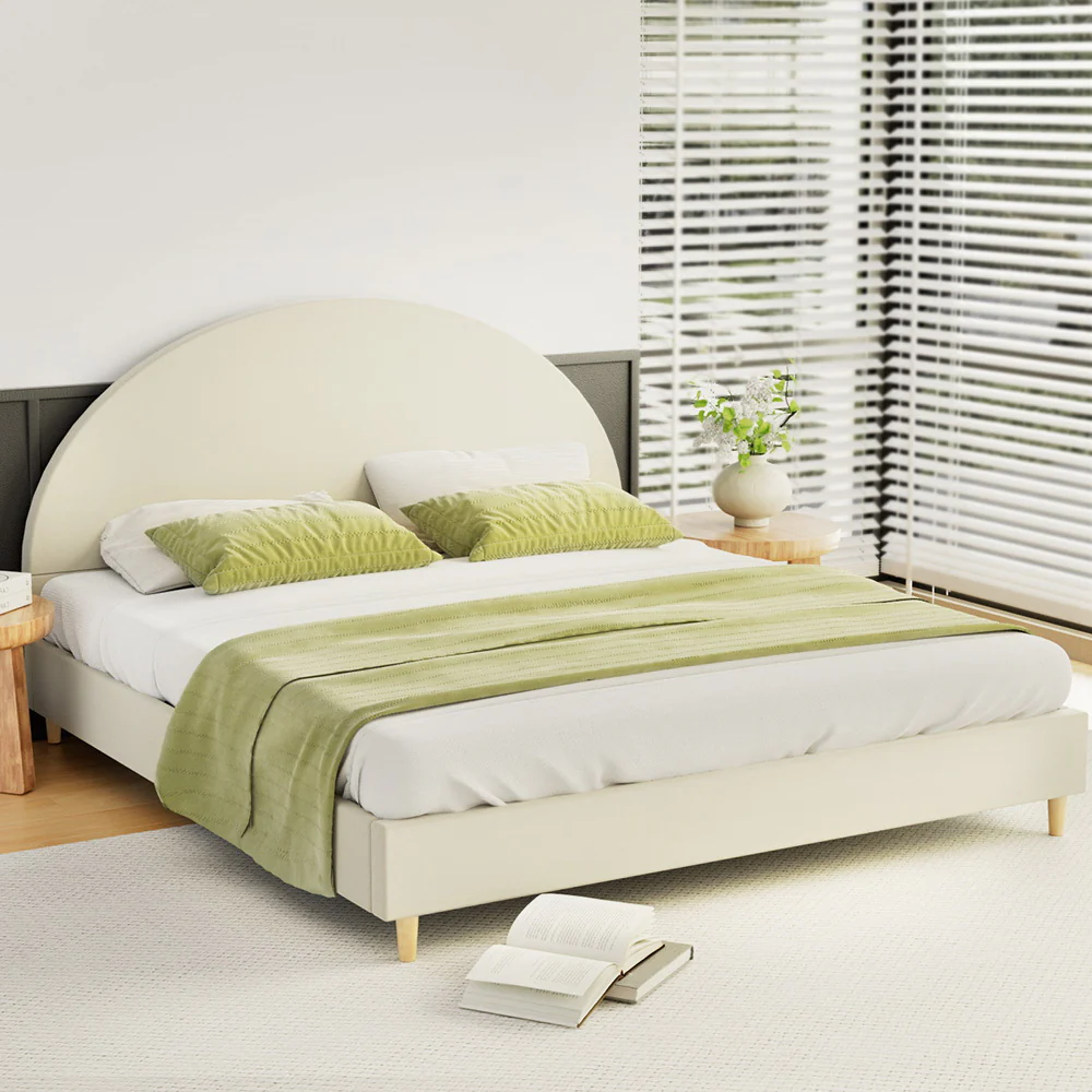 Apia Bed Frame Fabric with Arched Headboard Velvet - Cream King - Nurns