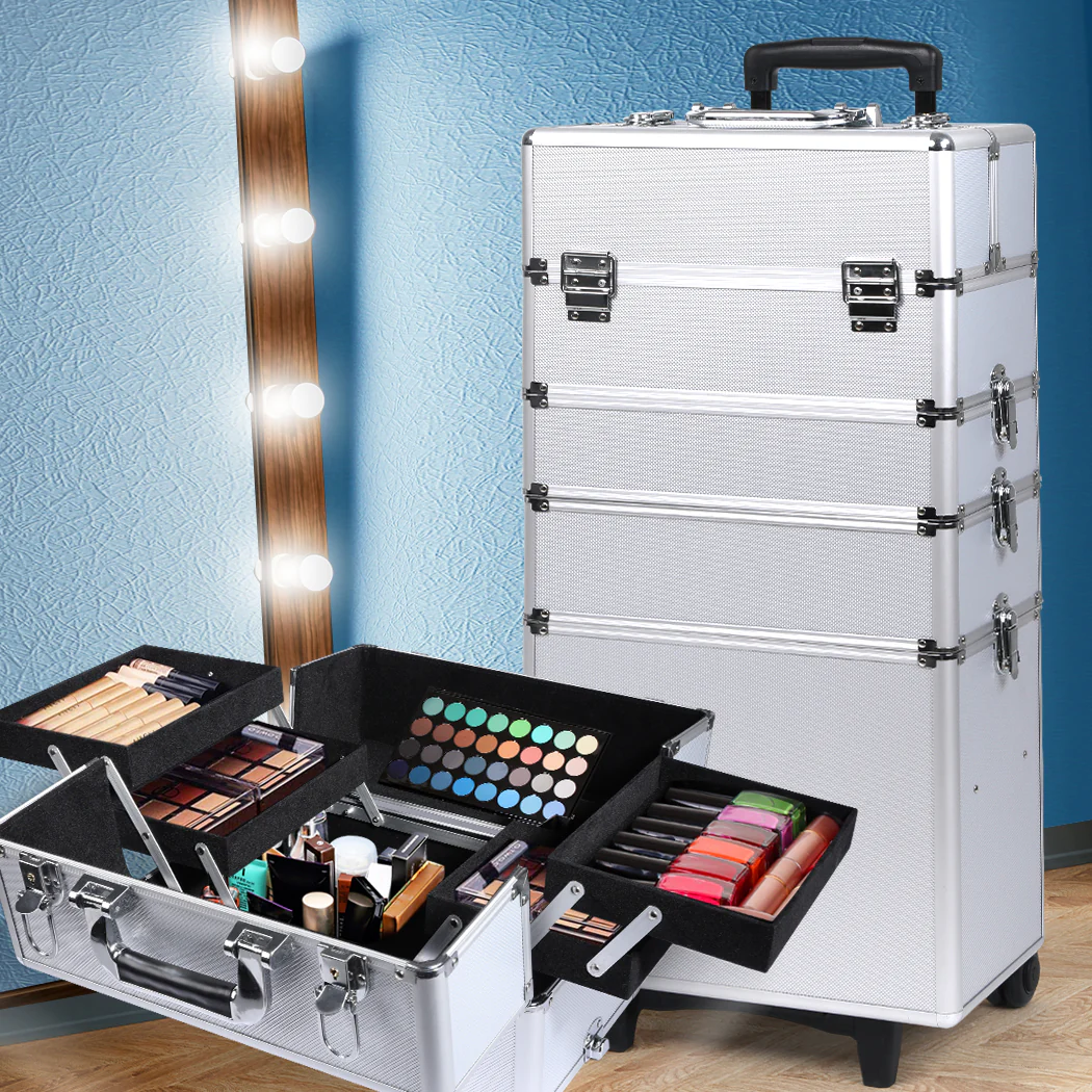 Makeup Case Professional Makeup Organiser 7 In 1 Trolley Silver - Nurns