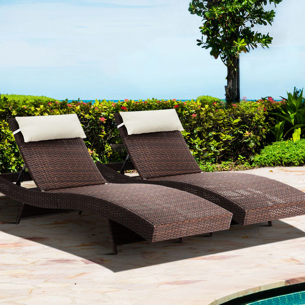 Travis Set of 2 Outdoor Sun Lounge Wicker Chair without Armrest - Brown - Nurns