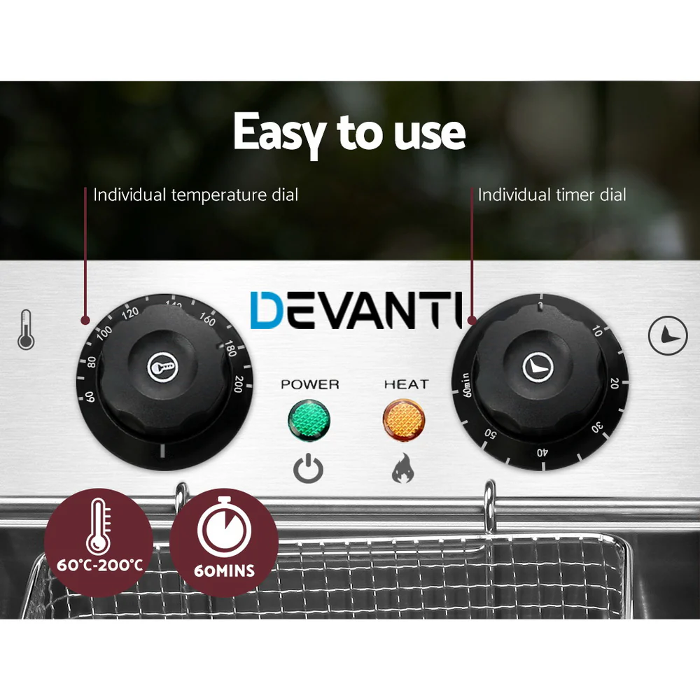 Devanti 20L Electric Commercial Deep Fryer Double Baskets 4400W - Nurns