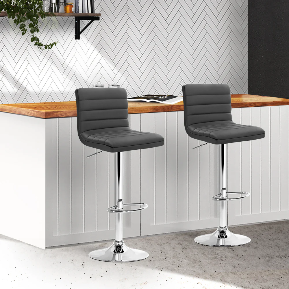 Set of 2 Bergamo PU Leather Lined Pattern Bar Stools - Grey - Nurns