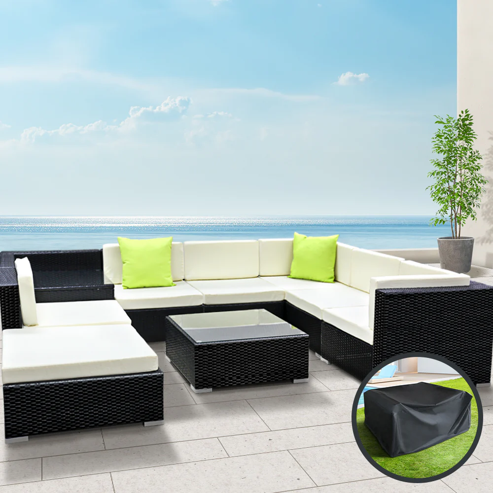 Chester 8-Seater Outdoor Set Furniture Wicker 9-Piece Sofa with Storage Cover - Black - Nurns