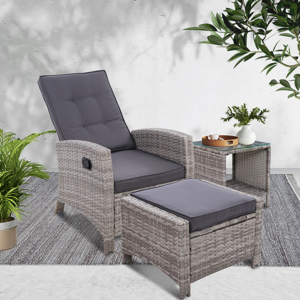 Ross 3-Piece Recliner Chair Outdoor Furniture Bistro Setting Patio Wicker Sofa Chair and Ottoman - Grey - Nurns