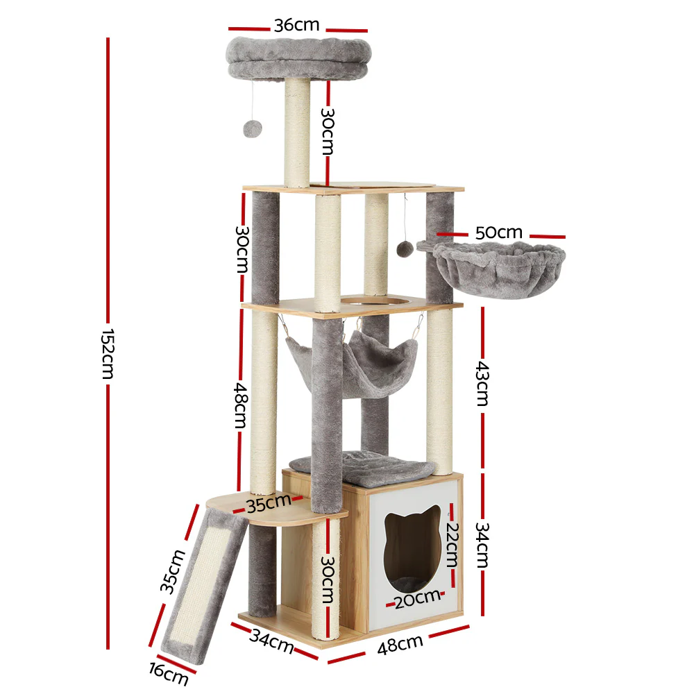 Cat Tree 152cm Tower Scratching Post Scratcher Wood Bed Condo Toys House Ladder - Nurns