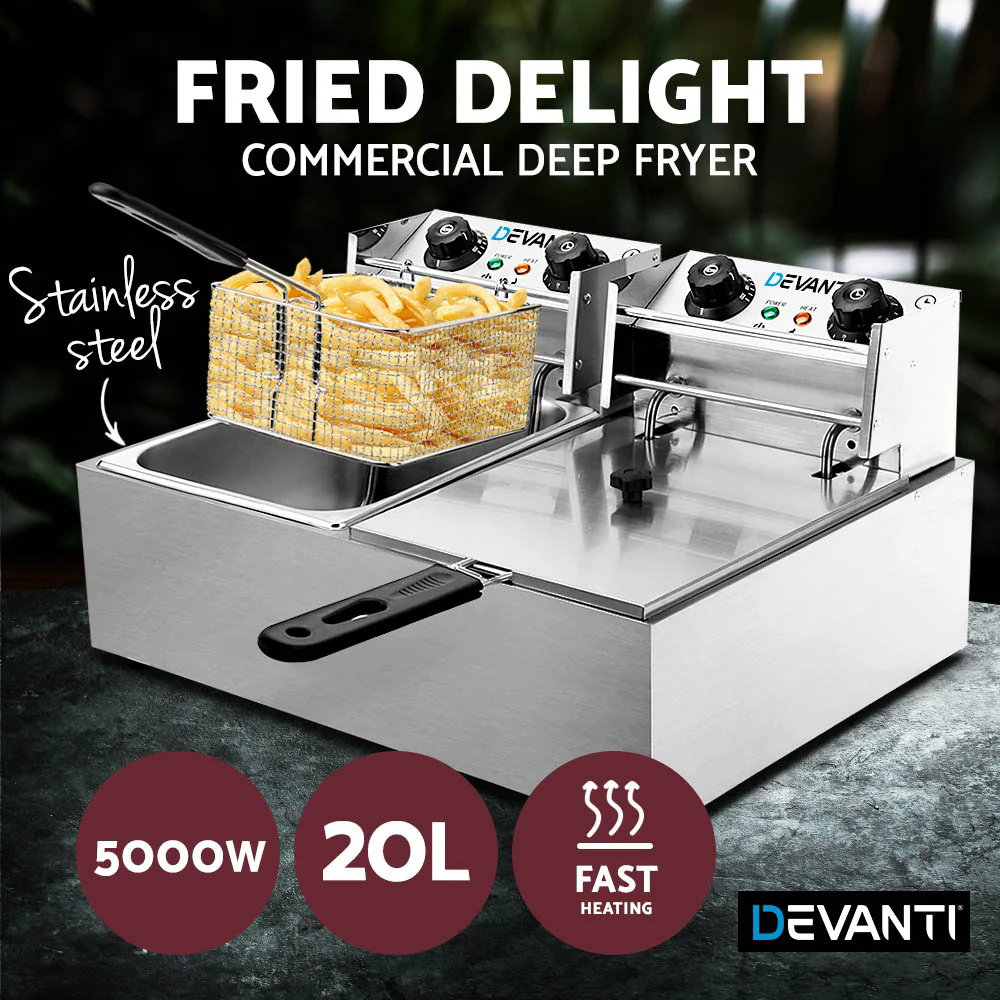 Devanti 20L Electric Commercial Deep Fryer Double Baskets 4400W - Nurns