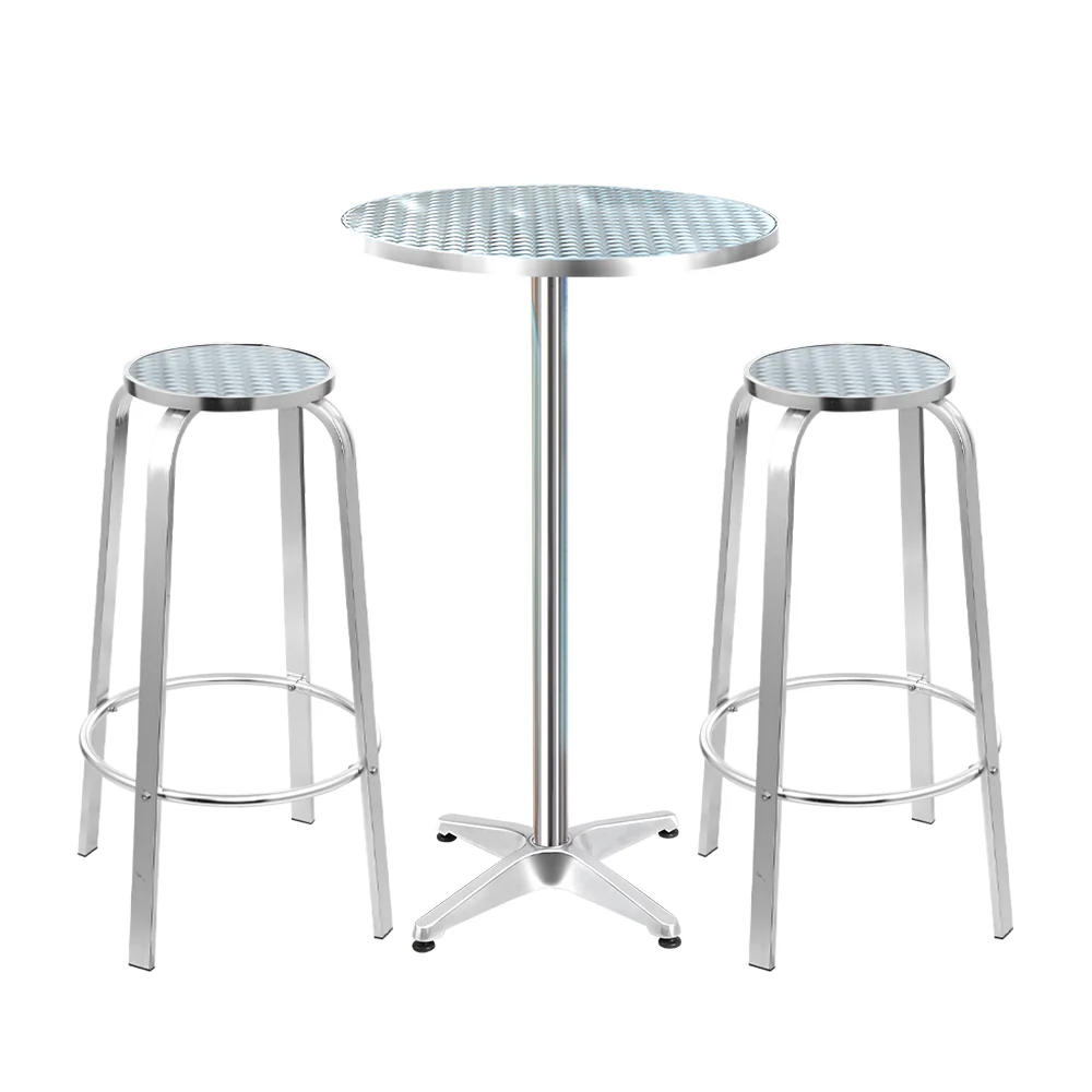 Xander 2-Seater Bar Table Stools Adjustable Aluminium Cafe Round 3-Piece Outdoor Bistro Set - Silver - Nurns