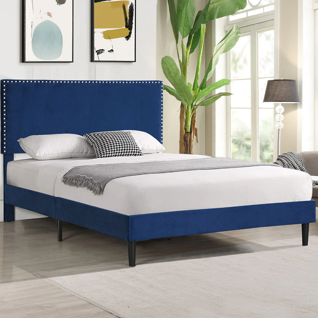 Velsen Bed Frame Base Platform Wooden Velvet with Headboard Blue - Queen - Nurns