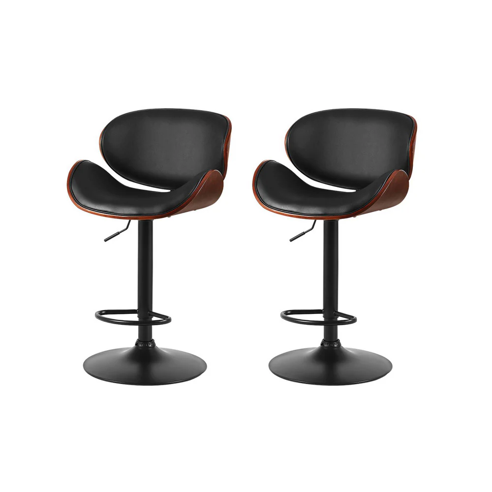 Set of 2 Rouen Kitchen Bar Stools Swivel Gas Lift Wooden Stool Metal Barstools - Black - Nurns