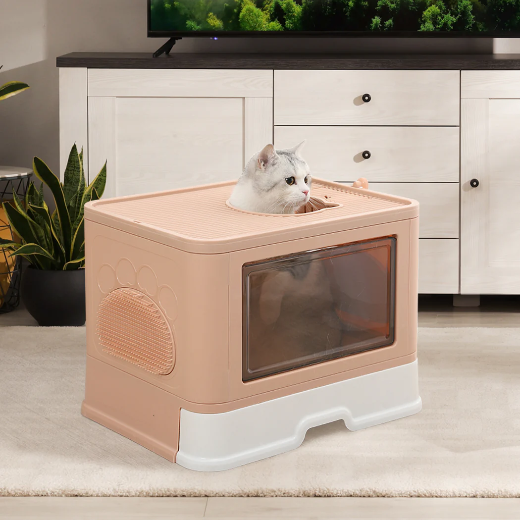 Foldable Cat Litter Box Tray Enclosed Kitty Toilet Hood Hair Grooming Pink - Pink - Nurns