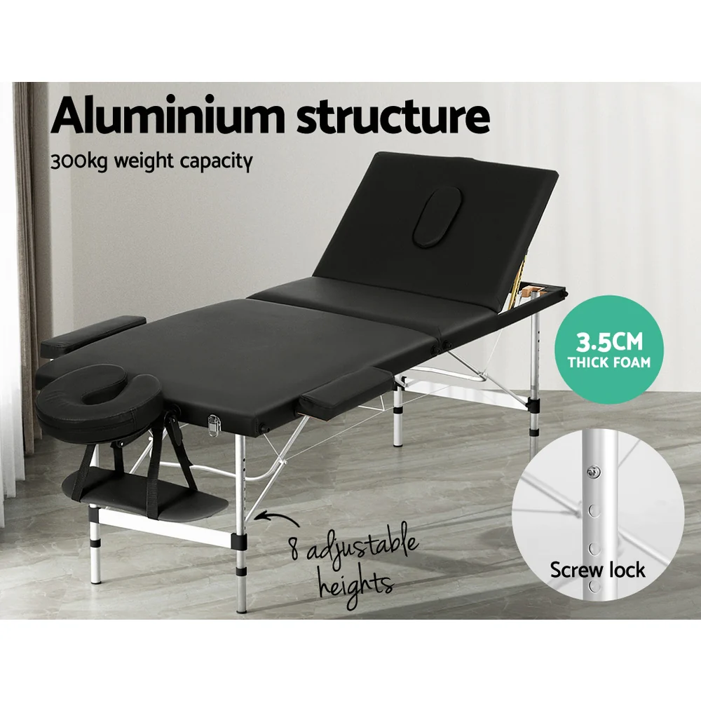 Massage Table 65cm Portable 3 Fold Aluminium Beauty Bed - Black - Nurns