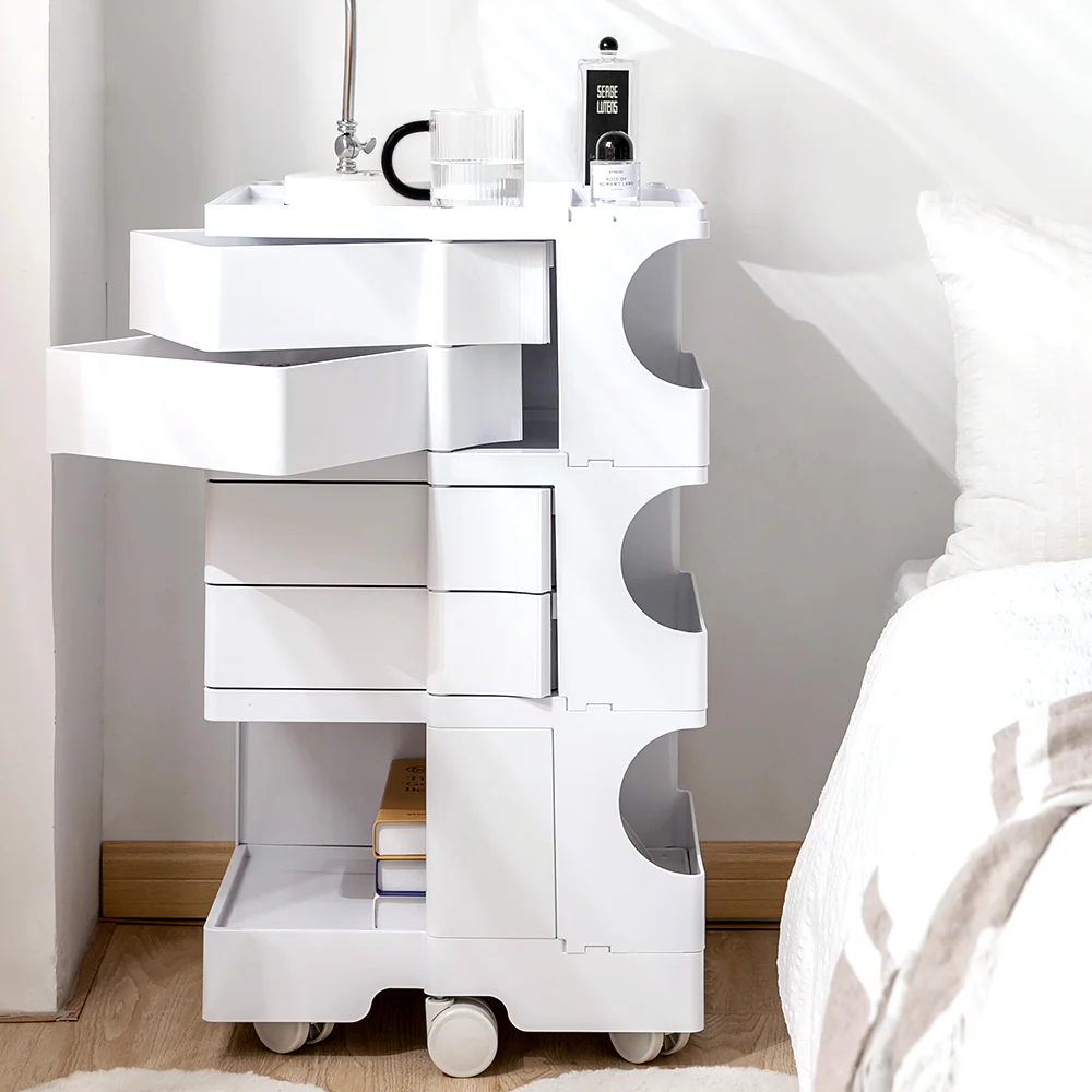 Vernon Storage Trolley Cart Bedside Table 5 Tier with 4 Drawers - White - Nurns