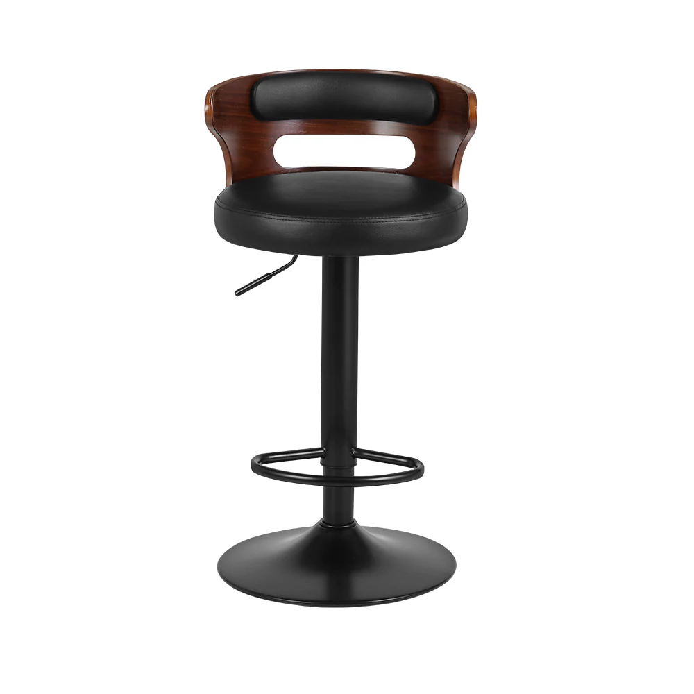 Set of 2 Caen Bar Stools Kitchen Wooden Gas Lift Leather Stool Metal Barstools - Black - Nurns