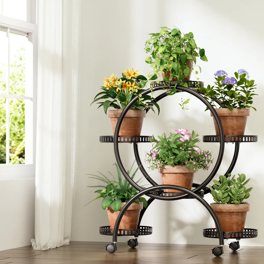 Plant Stand 6 Tier Metal Flower Pot Rack Wheels - Nurns