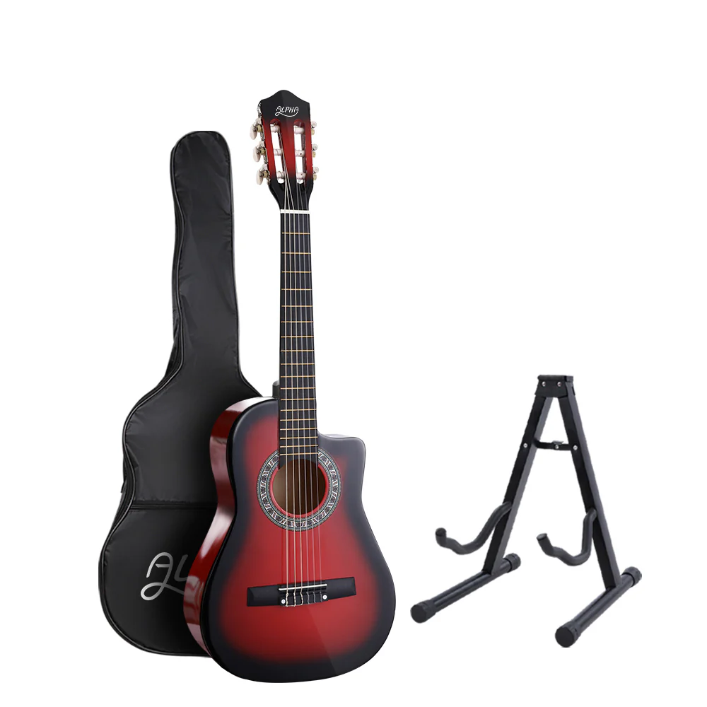 Alpha 34 Inch Classical Guitar Wooden Body Nylon String w/ Stand Beginner Red - Nurns