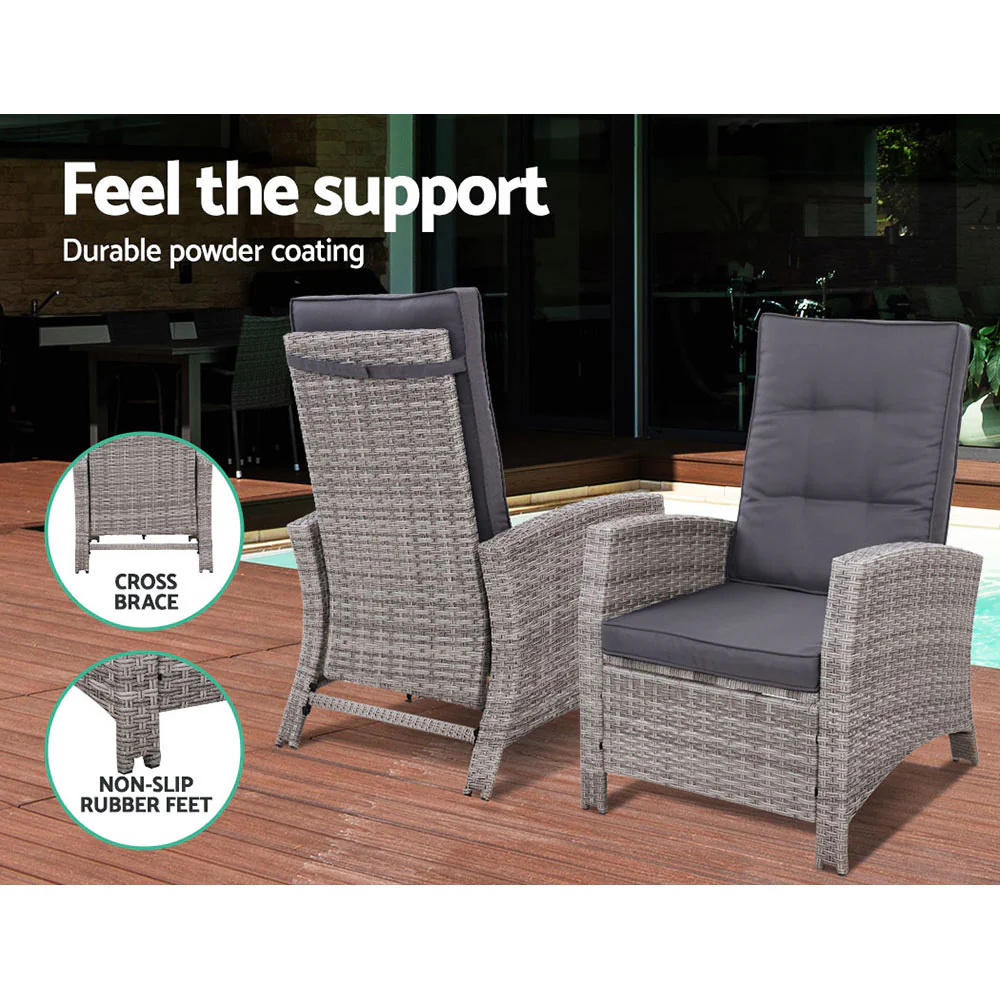 Ross 3-Piece Recliner Chair Outdoor Furniture Bistro Setting Patio Wicker Sofa Chair and Ottoman - Grey - Nurns