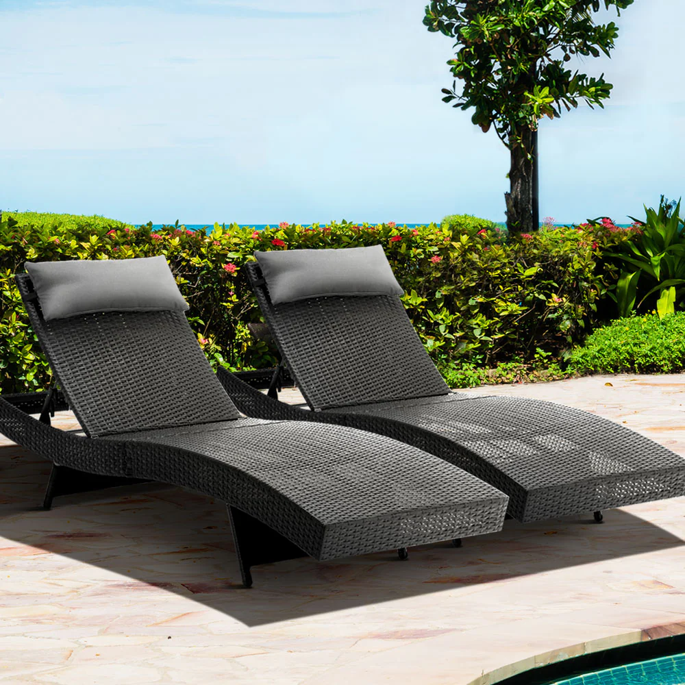 Travis Set of 2 Outdoor Sun Lounge Wicker Chair without Armrest - Black - Nurns