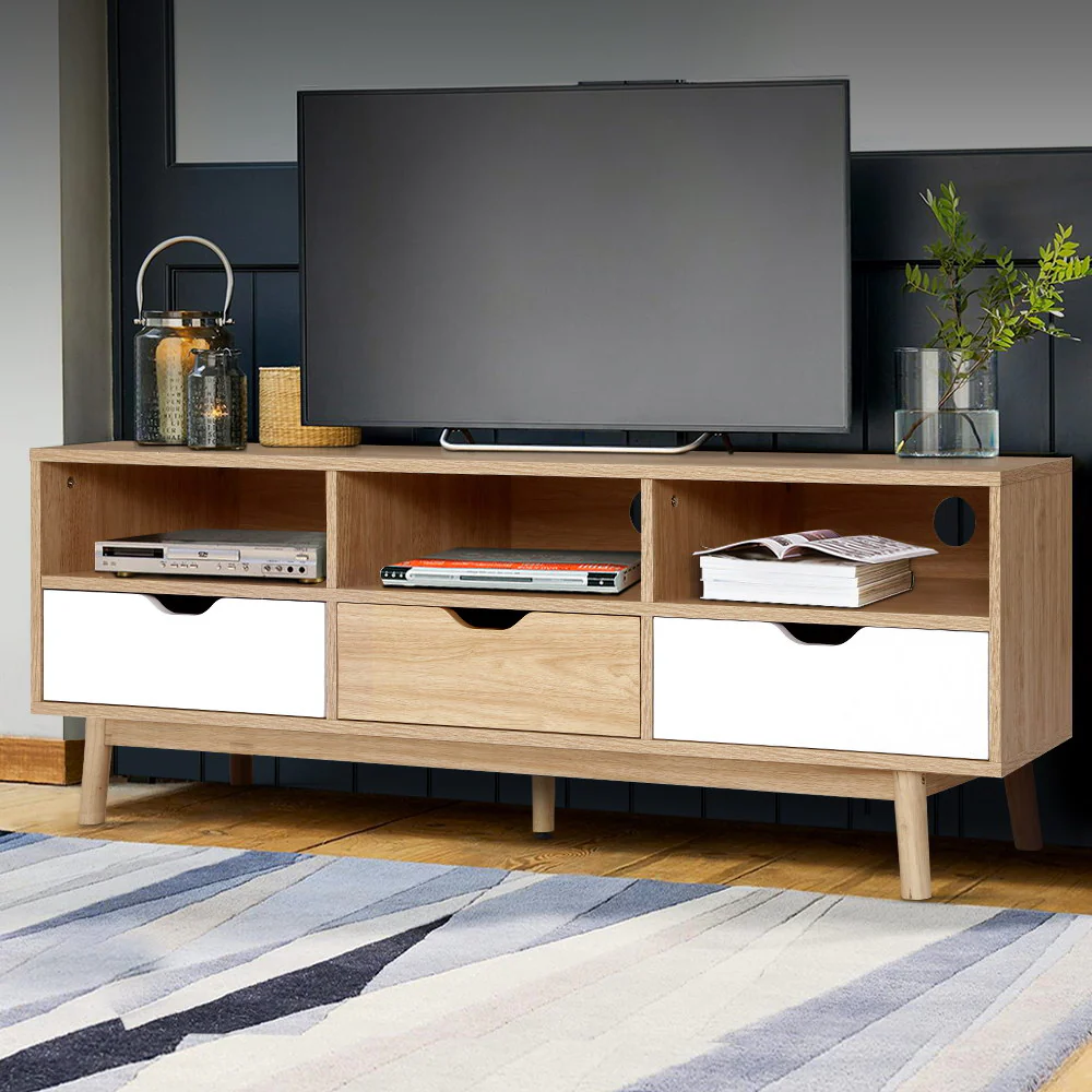 Ursa 140cm TV Cabinet Entertainment Unit Stand Wooden Storage Scandinavian - Oak & White - Nurns