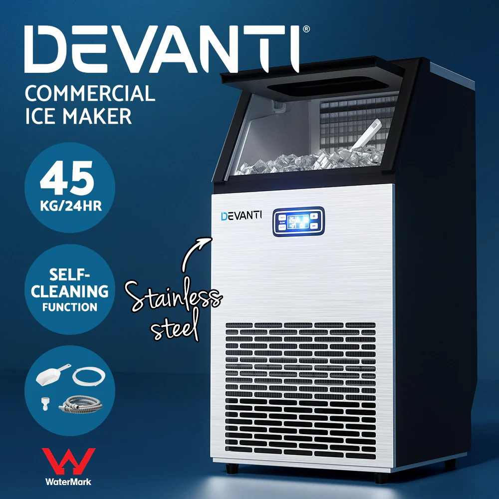 Devanti Commercial Ice Maker Machine 45kg Ice Cube Tray Bar Stainless Steel - Nurns