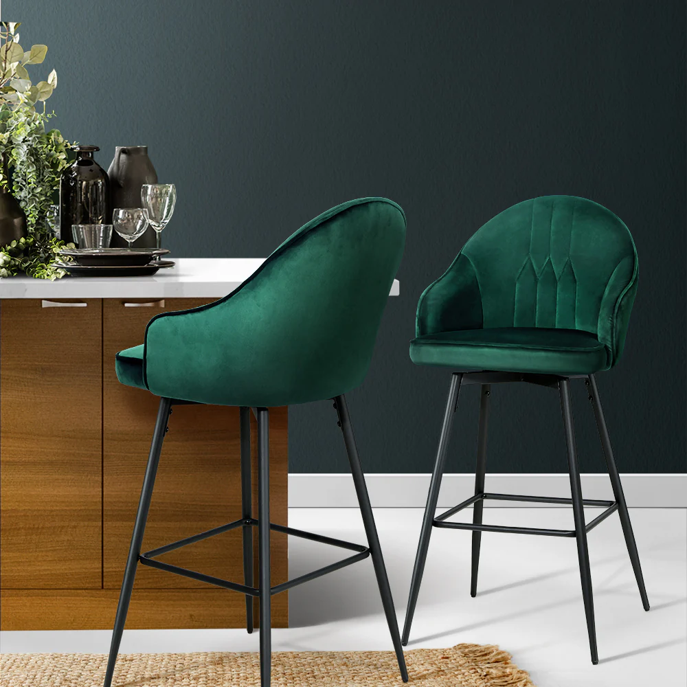 Set of 2 Munich Bar Stools Kitchen Stool Dining Chairs Velvet Chair Barstool - Green - Nurns